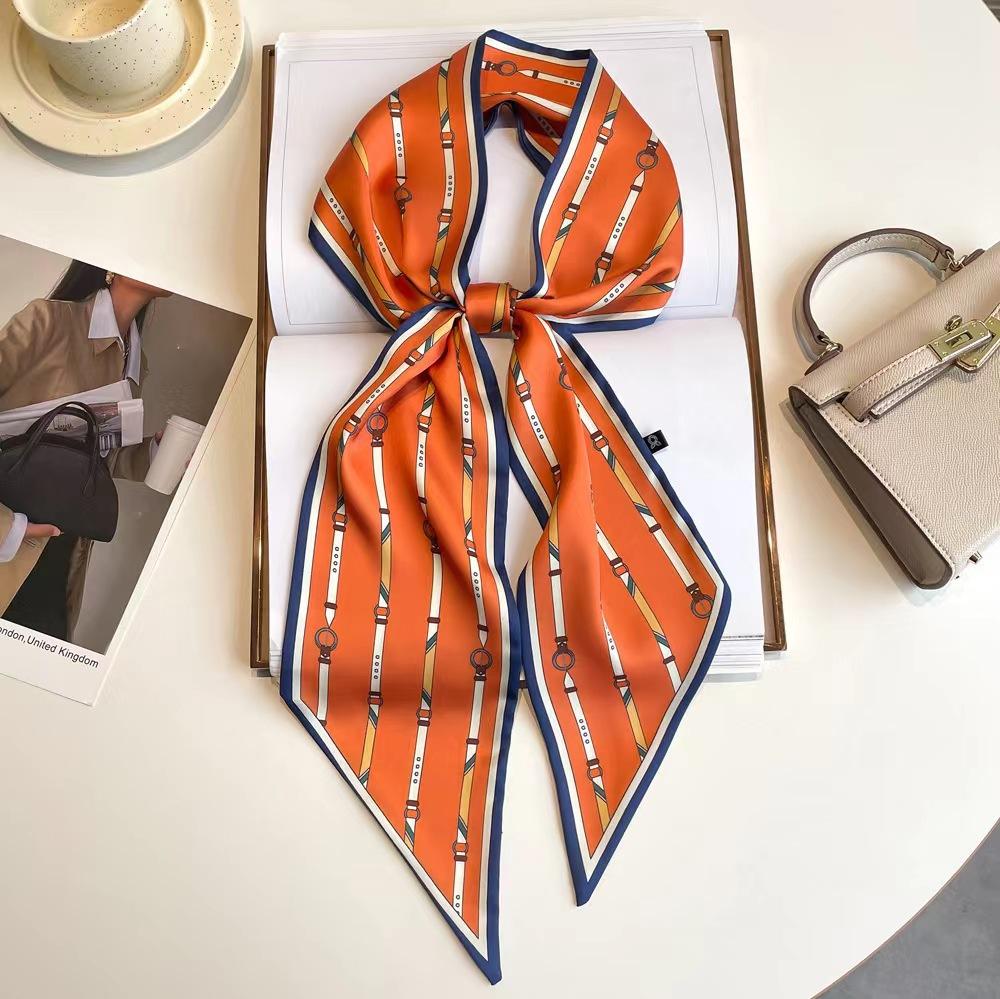 Luxe Riemprint Lange Zijden Sjaal Voor Vrouwen Zachte Nek Sjaal Sjaal Elegante Neckerchief Bandana's Paisley Print Hijab Tas Lint One Size orange