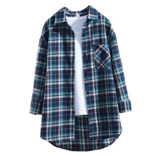 Women Plus Size Shirt with Long Classic Sleeves Single-breasted Collar Patch Pocket Loose Casual Plaid Shirt with Print Blouse