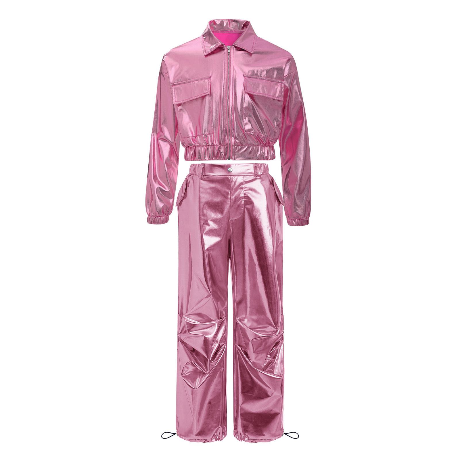 

Unisex Kids Shiny Metallic Jacket Drawstring Cargo Pants Hip Hop Jazz Dance Costume Set 5-6 Years рожевий