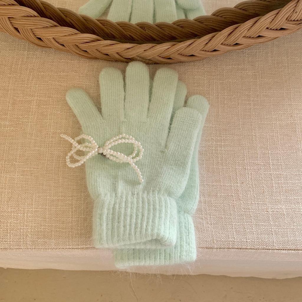 Autumn new Korean rabbit fur solid color cute pearl bow knitted wool finger gloves