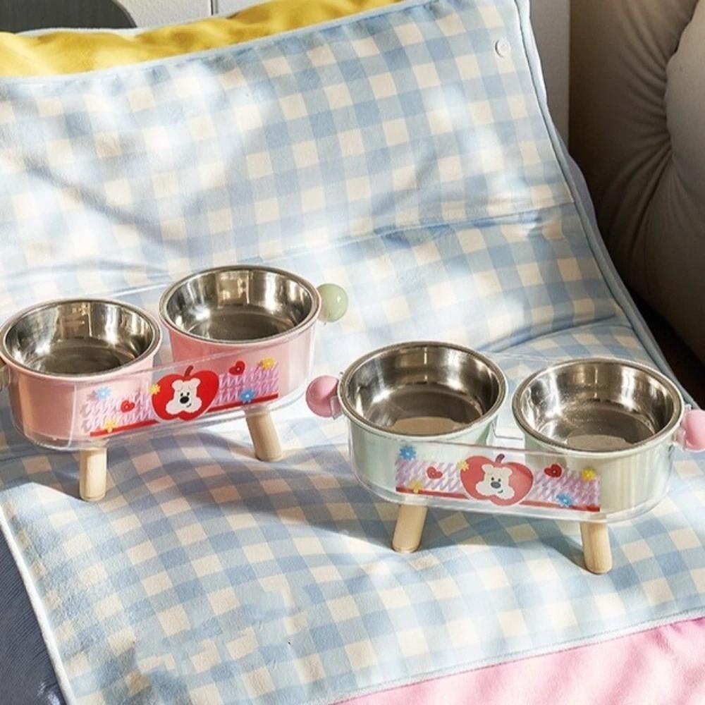 Stainless Steel Elevated Cat Bowl Double Bowls Anti-Tipping Neck Protection Bowl Cute Non-Slip Pet Food Bowl For Cats Dogs