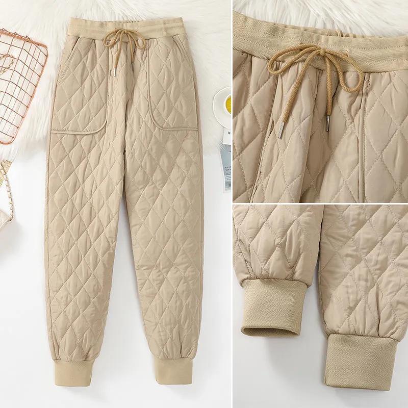 Women Casual Winter Autumn Quilted Cotton Trousers with Elastic Cuffs and Drawstring Waist