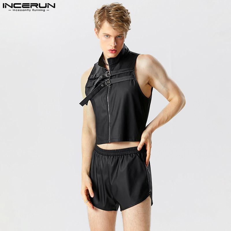 

INCERUN укороченный жилет + шорты костюм мужской комплект из двух предметов из искусственной кожи с металлической пряжкой