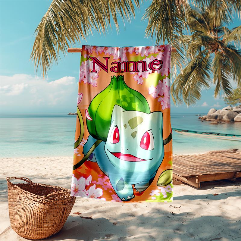 Personalized customized proof beach towel with Pokémon Bulbasaur pattern - soft, absorbent,quick-drying,perfect swimming,camping&bathing