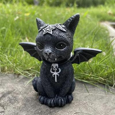 Schwarze Katzenstatue, geheimnisvolle süße Katzenhexe, Katzenfigur, Hexendekor, Schreibtischornament, handbemalte Skulptur für Halloween, 1 Stück