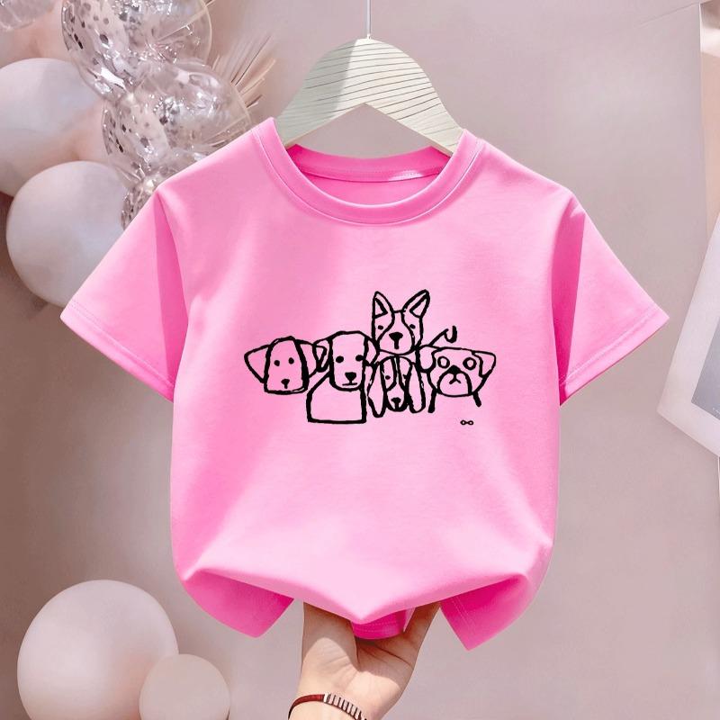 Kids Doodle Dog Cartoon Print Crewneck Short Sleeve Tee