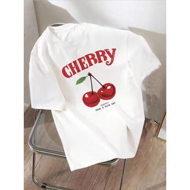 Summer Women TShirt Fashion Cherry Print ONeck Tops Tees Floral Graphic Female Casual Streetwear Short Sleeve Clothing S