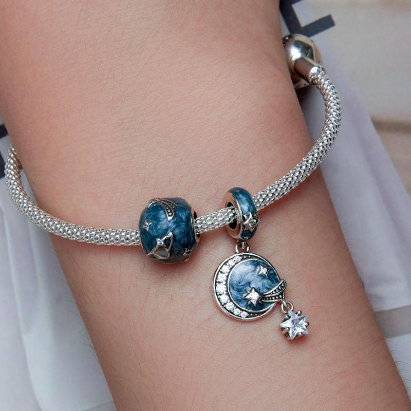 WOSTU 925 Sterling Silver Blue Starry Sky Series Shiny CZ Charms Moon Star Beads Fit Orignal Bracelet DIY Bangle Jewelry Making
