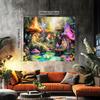 2D Fairy Tale Mushroom Village Tapestry, Colorful Houses with Pond & Flowers Wall Hanging, Fantasy Backdrop