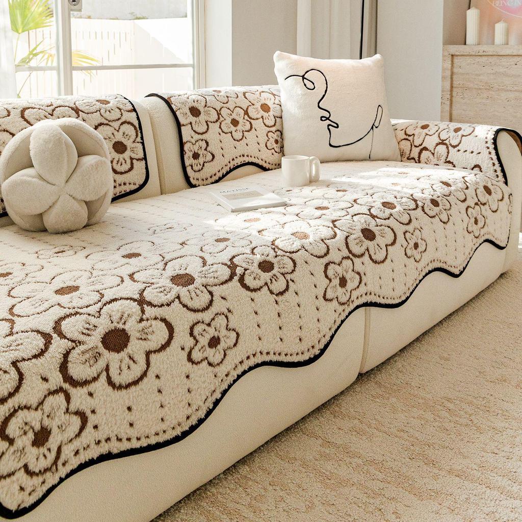 Shu Cotton Velvet Floral Jacquard Non-Slip Sofa Cushion, Thick Cream Style Cover for Autumn/Winter 2025