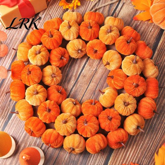 Artificial Pumpkin Vine Velvet Wreath Door Hanger, Fall Thanksgiving Garland, Rustic Fluffy Autumn Harvest Decor for Entryway Window, Farmhouse
