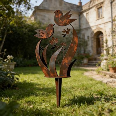 Bird Wildflower Metal Garden Stake Decoration Weather-proof Outdoor Yard Lawn Patio Pathway Rusty Iron