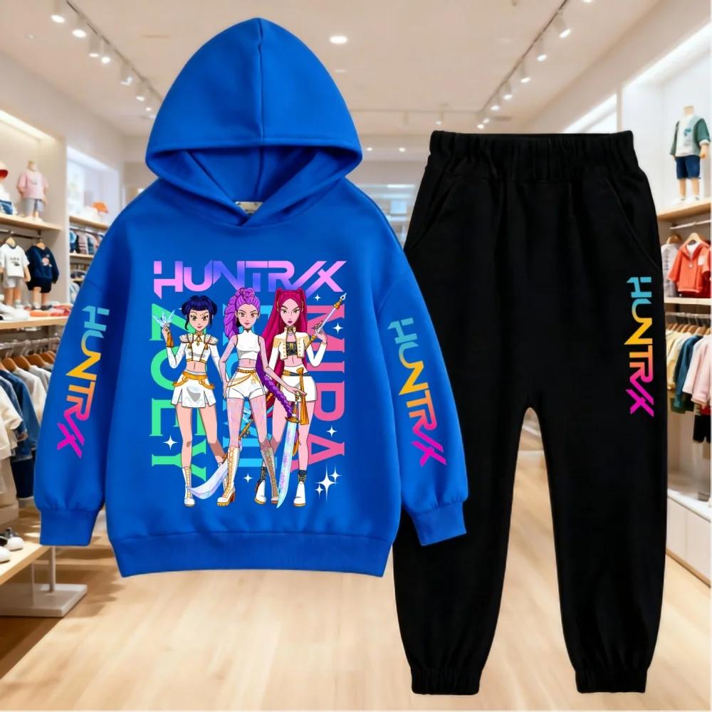 KPop Devil Hunter Cartoon Printed Children's Hoodie with Sports Pants Casual Fashion Set