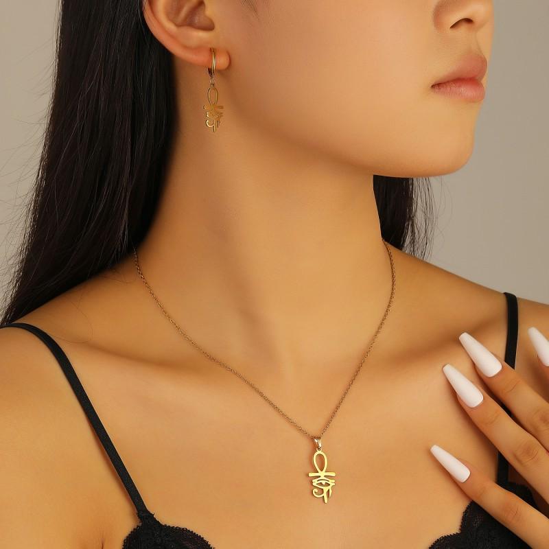 Egyptian Ankh Cross Necklace Bracelet Set Alloy Gothic Pendant Jewelry Women