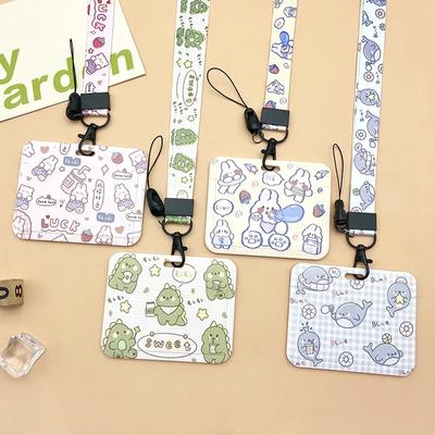 Horizontal Cute Cartoon Push Pull Card Covers Bus Card Sleeve Game Cards Case Credit Card Holder Lanyard Work Permit Holder
