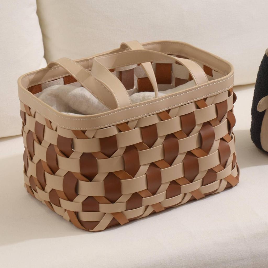 Woven Basket with Handles Handwoven Storage Rectangular Laundry Hamper for