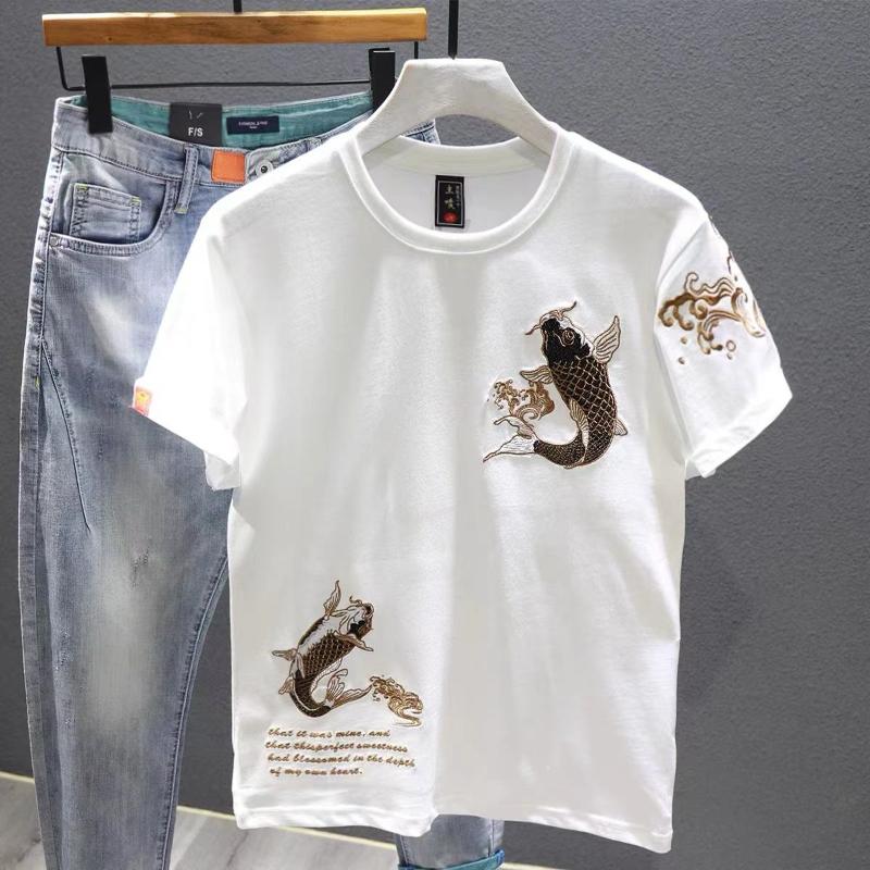 Fashionable Young Handsome High-end Embroidered Short-sleeved T-shirt Round Neck Casual Top