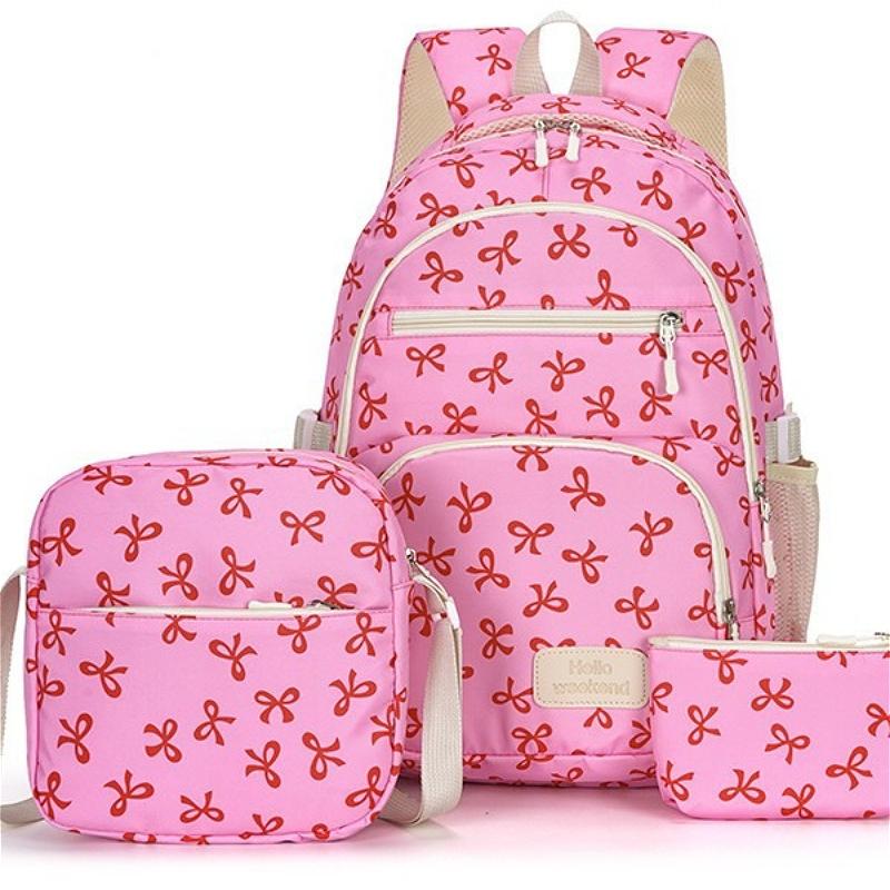 Set de Mochila de Nylon de 3 Piezas Linda Mochila Escolar con Estampado de Lazo para Niñas Mochila Grande con Bolso de Hombro Estuche para Lápices