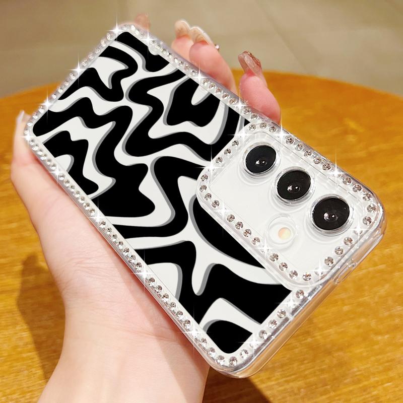Diamond Frame Clear Case For Samsung S25 Edge S24 FE S23 Ultra S22 A16 A56 A36 A15 A55 Color Stripe Pattern Shockproof Soft Silicone Phone Cover