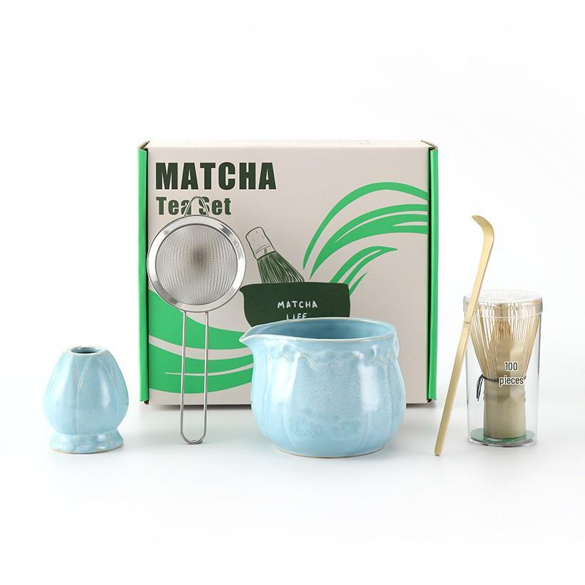 Ceramic Japanese Matcha Tea Ceremony Set with Hundred-Pronged Whisk, Holder, and Brush