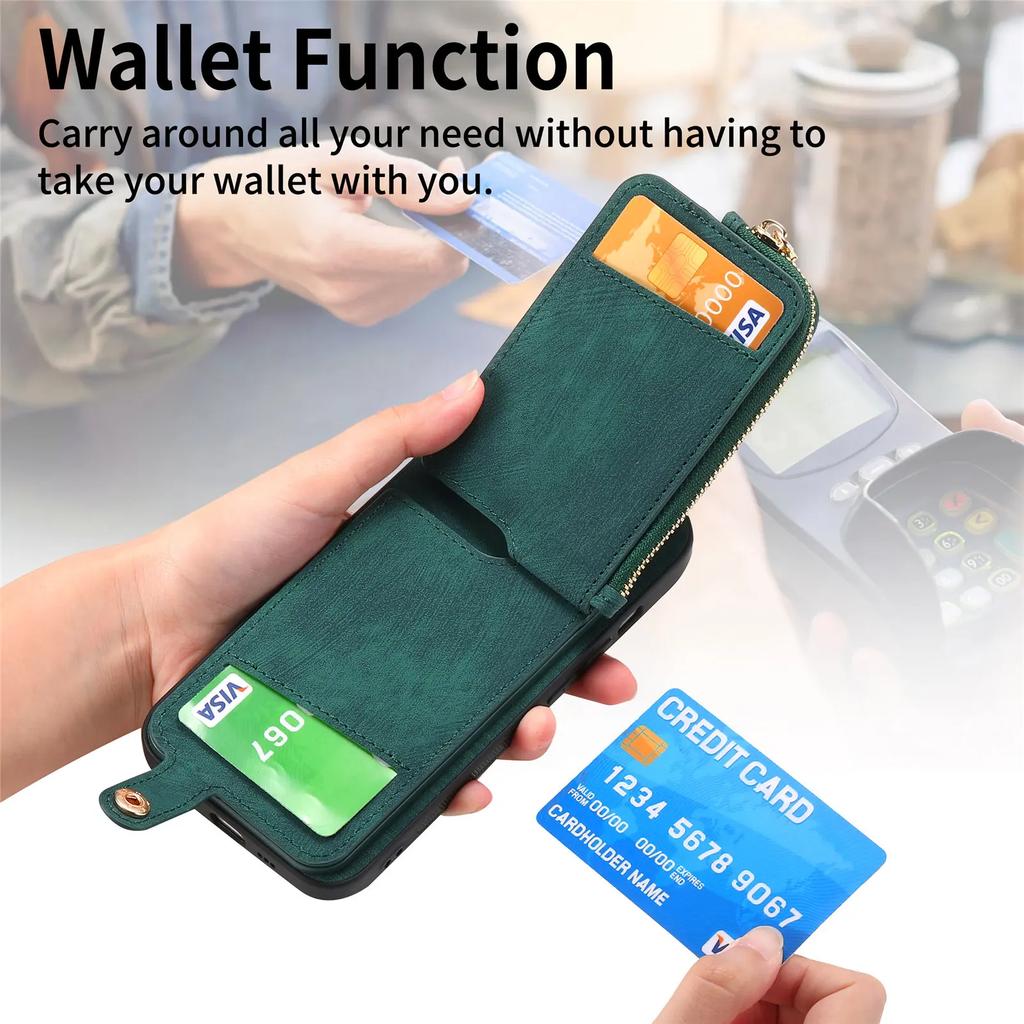 Vertical Cards Slot Ring Holder Zipper Wallet Case For iPhone 15 Pro Max 14 Plus 13 12 11 XS X XR 7 8 SE 2022 Bag Pocket Cover