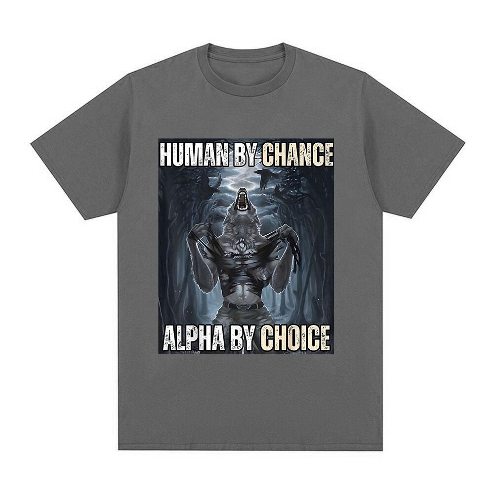 Футболки Human By Chance Alpha By Choice Wolf Funny Meme для мужчин, повседневные, хлопковые, винтажные, с коротким рукавом, большие футболки, уличная одежда XXXL темно серый