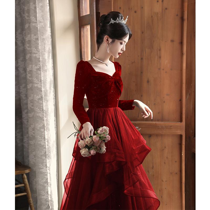Toast Bride 1011 New Red High-end Wedding French Light Luxury Engagement Evening Dress High-end Autumn and Summer