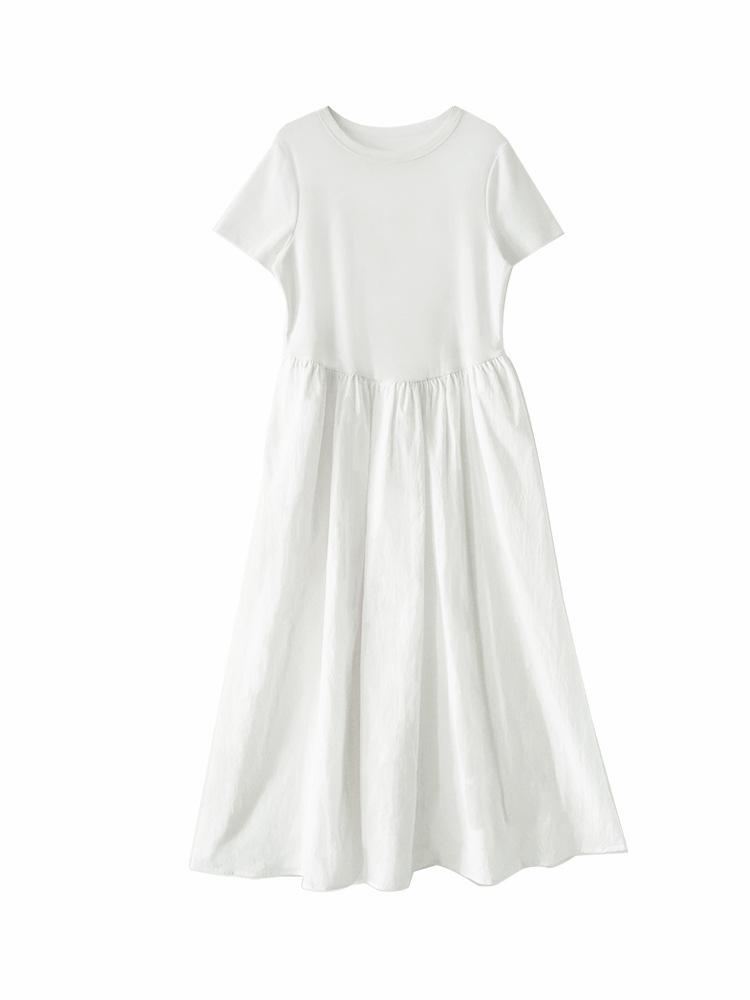 

Plus Size Jiangnan Style Women s Patchwork Long Dress - Round Neck, Short Sleeve, High Stretch, Slimming, Sweet Temperament L (55-60 kg) белый