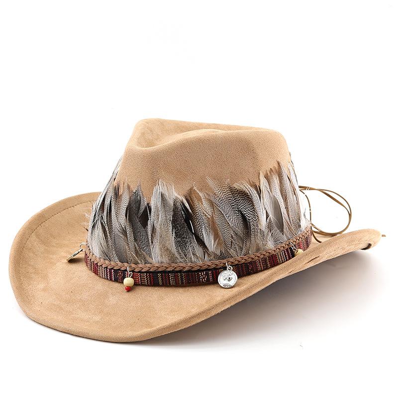 Trendy Skull Feather Cowboy Hat Men'S And Women'S Spring Autumn Outdoor Sunshade Hat Tourism Knight Hat Cool Western Cowboy Hat
