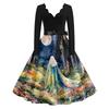 Women's Vintage Long Sleeve V-Neck Halloween Witch Print Party Dress
