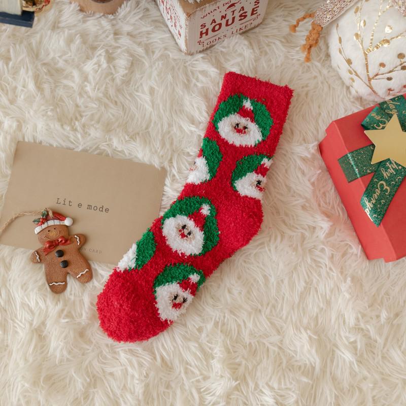 Women's Mid-Calf Coral Fleece Socks - Cute Reindeer and Snowman Design, Perfect for Autumn and Winter
