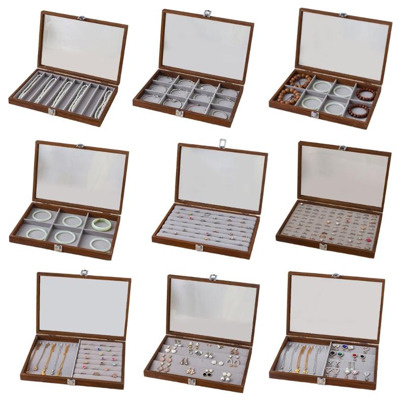 Chic Wood Earring Holder with Lid Wood Jewelry Collection Box with Partitions and Lid Elegant Presentation Tray