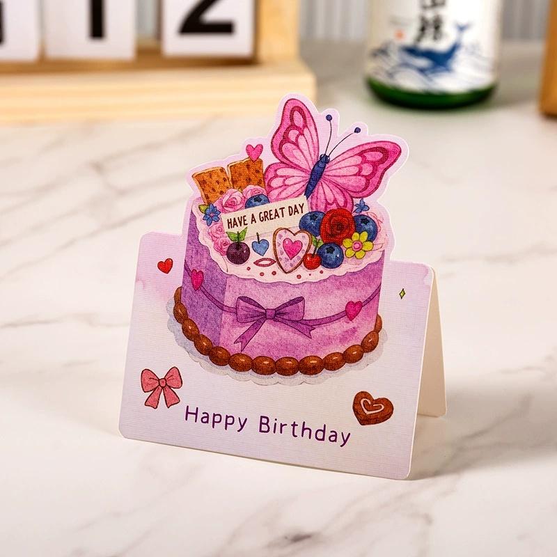 10 Pcs Watercolor 3D Birthday Cake Creative Greeting Card Blessing Message Small Card Souvenir Gift Card Greeting Card