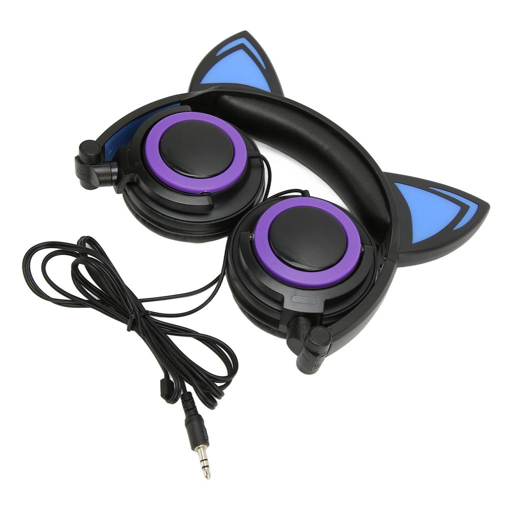 Cat Ear Wired Headphone Noise Reduction Cute Kids Cartoon Headset with LED Light for Tablets Computers Cell Phones
