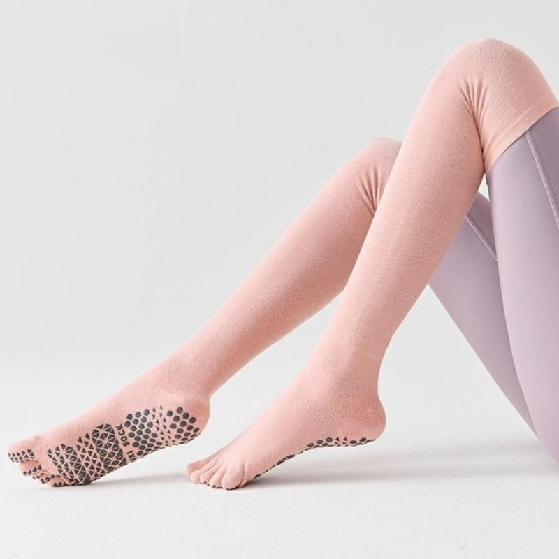Womens Professional Non Slip Over Knee Yoga Socks Five Toes Full Length Socks For Indoor Fitness Pilates Toe Separated Floor Exercises