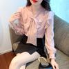 Fashion New 2024 Autumn Long Sleeve Bow Collar Casual Pink Ruffles Chiffon Blouse Shirt Women Tops Blouses Shirts J539