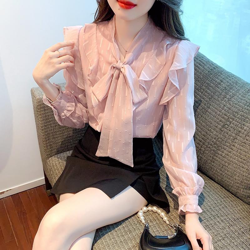 Fashion New 2024 Autumn Long Sleeve Bow Collar Casual Pink Ruffles Chiffon Blouse Shirt Women Tops Blouses Shirts J539
