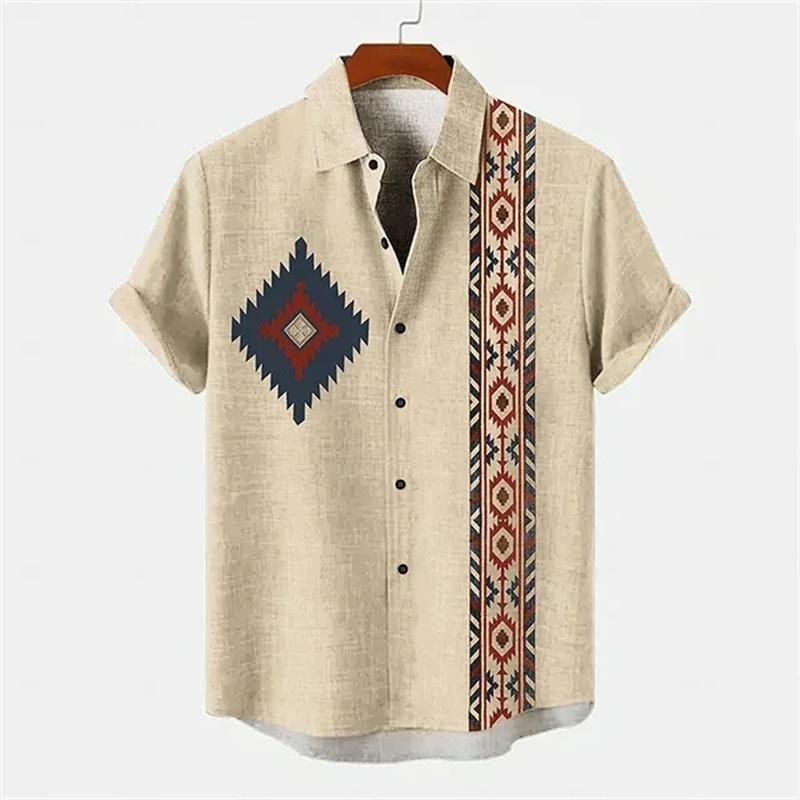 Men's Shirt Ethnic Style 3D Printing Henley Shirt, Men's Fashion Button Down Collar Short Sleeve, High Quality Men's Tops