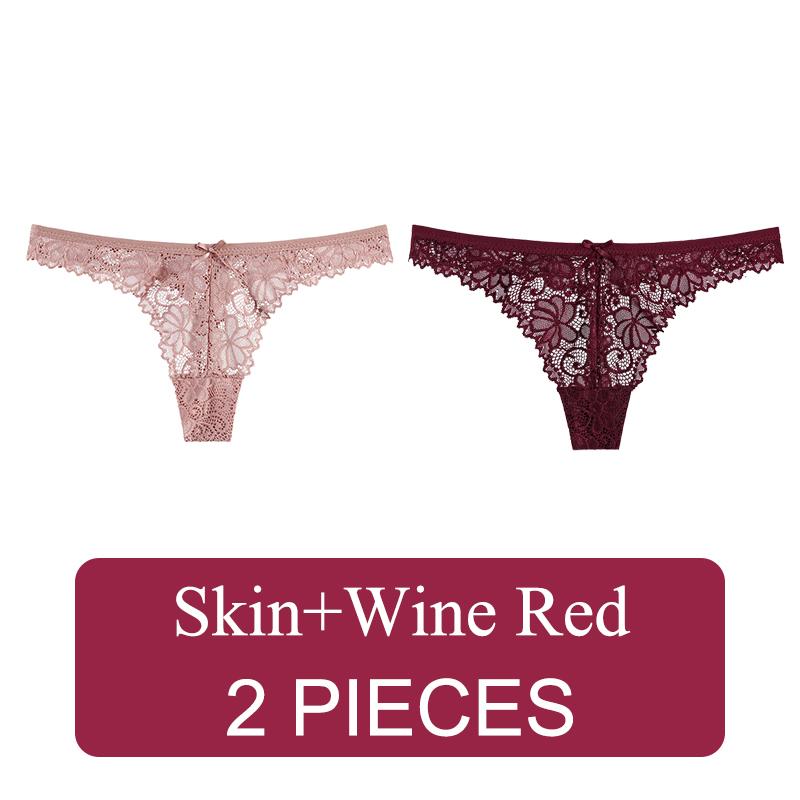 2 Pcs Sexy Lace Thong Low Waist Lace Transparent Panties Women Hollow Out Breathable G String Briefs Bow Underwear Lingerie