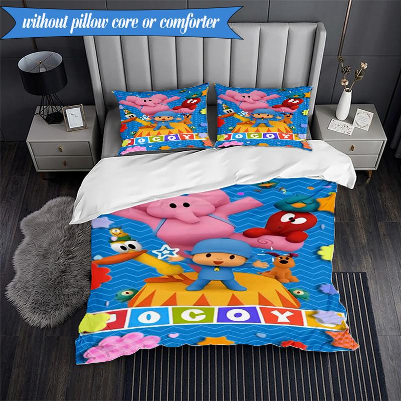 3-teiliges Pocoyo's Buntes Abenteuer Bettwäsche-Set 2D-Druck (Enthält 1 Bettbezug + 2 Kissenbezüge Ohne Füllung), Schlafzimmerdekoration, Ventilatorgeschenk