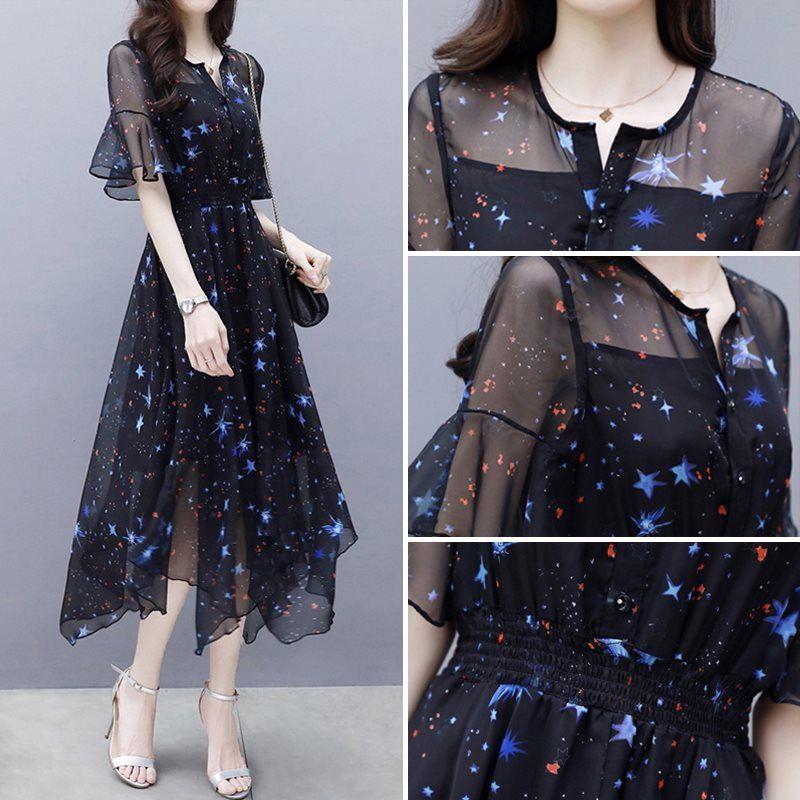 Large Women's Slim Slim Fragmented Chiffon Dress Slim Waist Over Knee Length Dress Sexy V-Neck Dress Comfortable Breathable Dresses