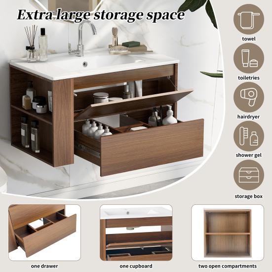 Bathroom Sink Cabinet with Drawer Modern White Wood Grain Heavy Duty Lavatory Wall Mount Ceramic Wash Basin Vanity Cabinet