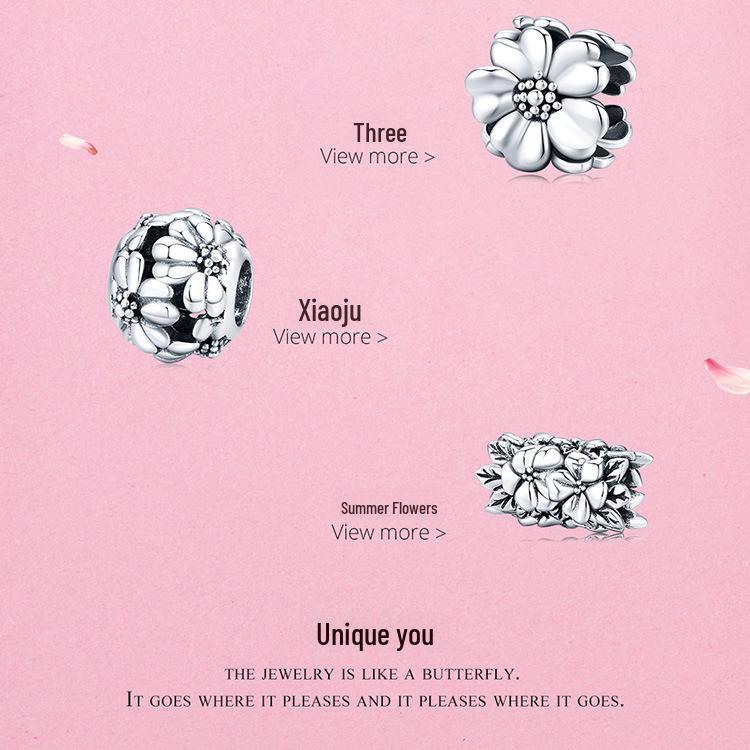 Sterling Silver Pink Four-Leaf Flower Beaded Bracelet Spacer Jewelry