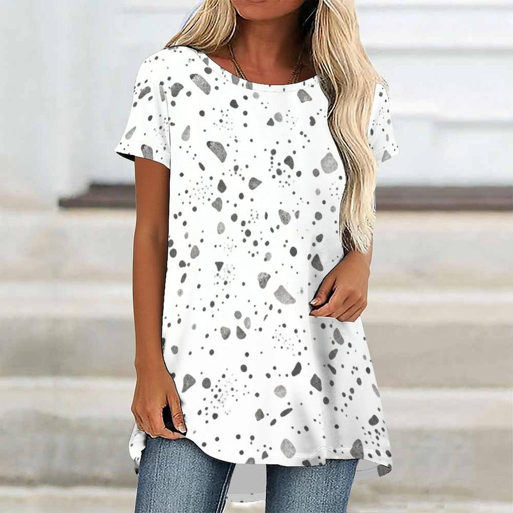 Women Plus Size Round Neck Short Sleeve Colorful Printed Flared T Shirt Curved Hem