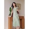 Retro Light Green Polka Dot Print Lace Spliced Dress