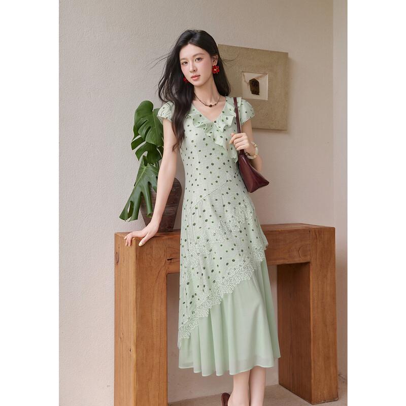 Retro Light Green Polka Dot Print Lace Spliced Dress
