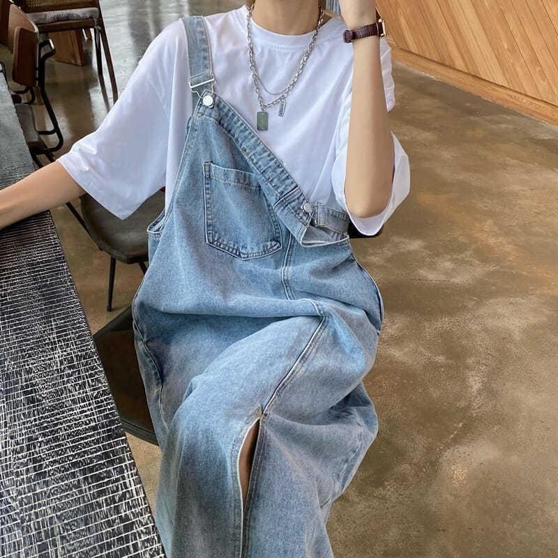 Small fresh denim strap skirt women's new retro medium and long loose hip cover dress