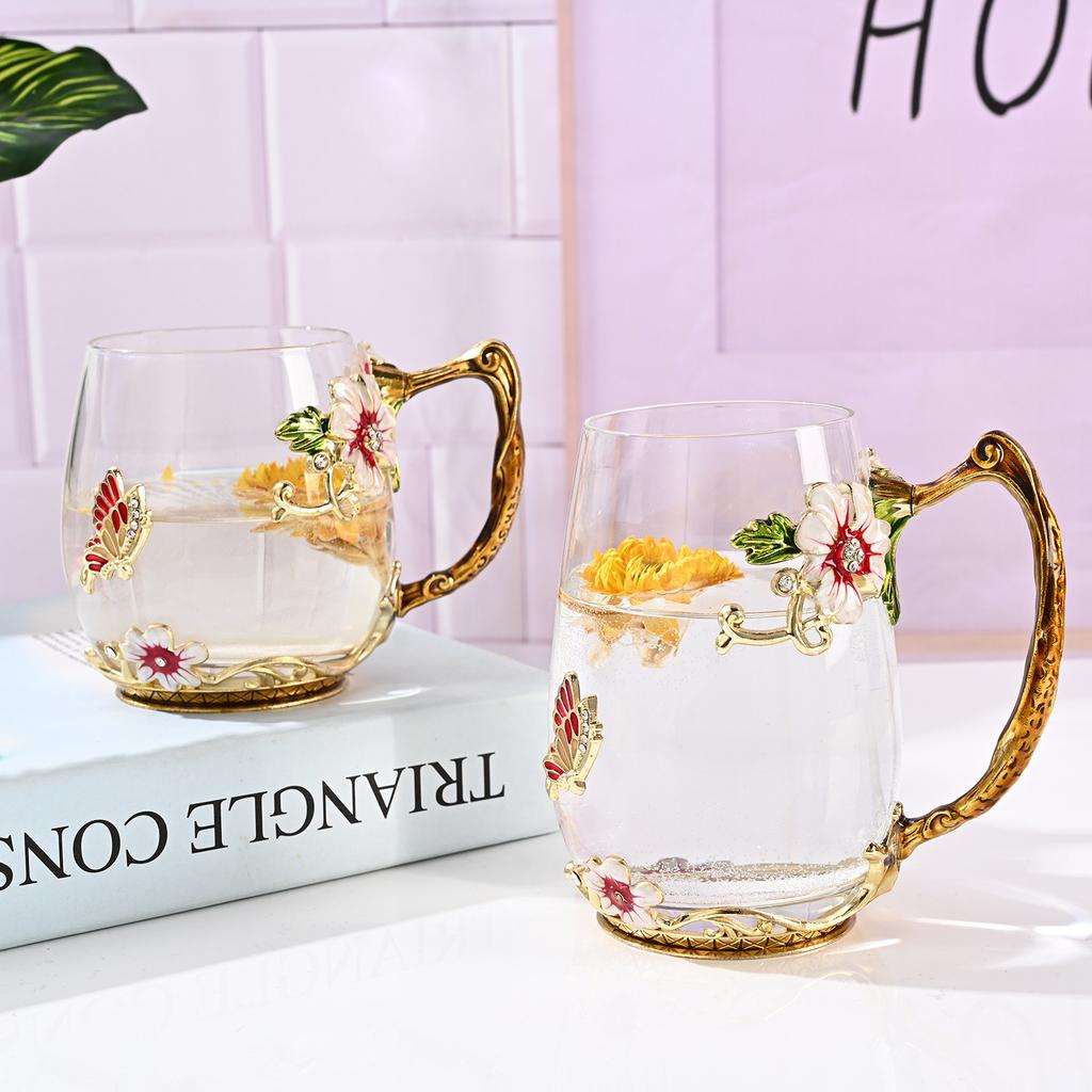Household Enamel Colored Flower Glass Water Cup Round Coffee Cup Breakfast Milk Juice Cup