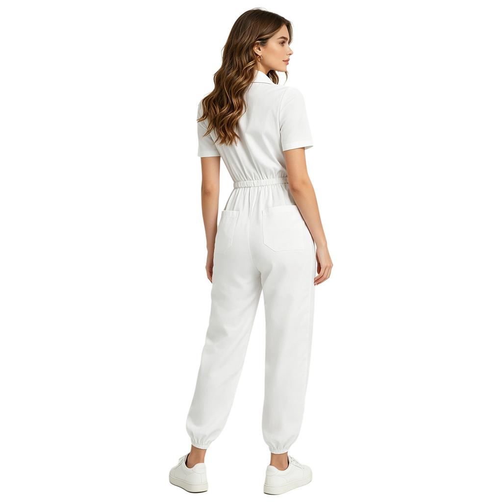 Damen Kurzarm Chirurgenanzug Mehrere Taschen Reißverschluss vorne Elastische Taille Jogginghose Medizinische Uniform