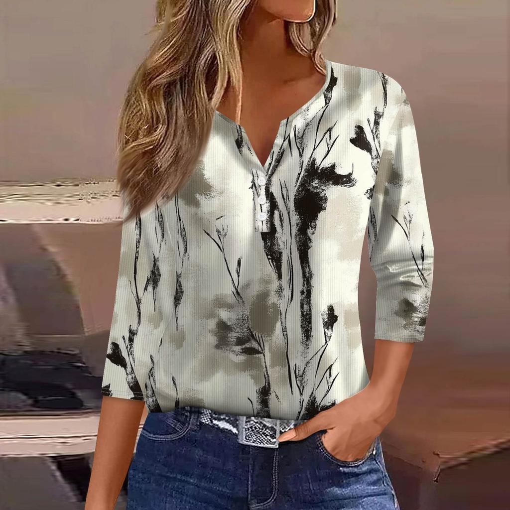 Damski T-shirt Koszulka Nadruk Guzik Rękaw 3/4 Tunika Codzienna Weekendowa Moda Podstawowy Dekolt V Regularny Top